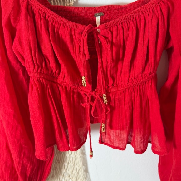✌🏼❤️ Free People Corset Medieval Bohemian Gypsy Red Women's Tie Hippie Top Small - Picture 7 of 8